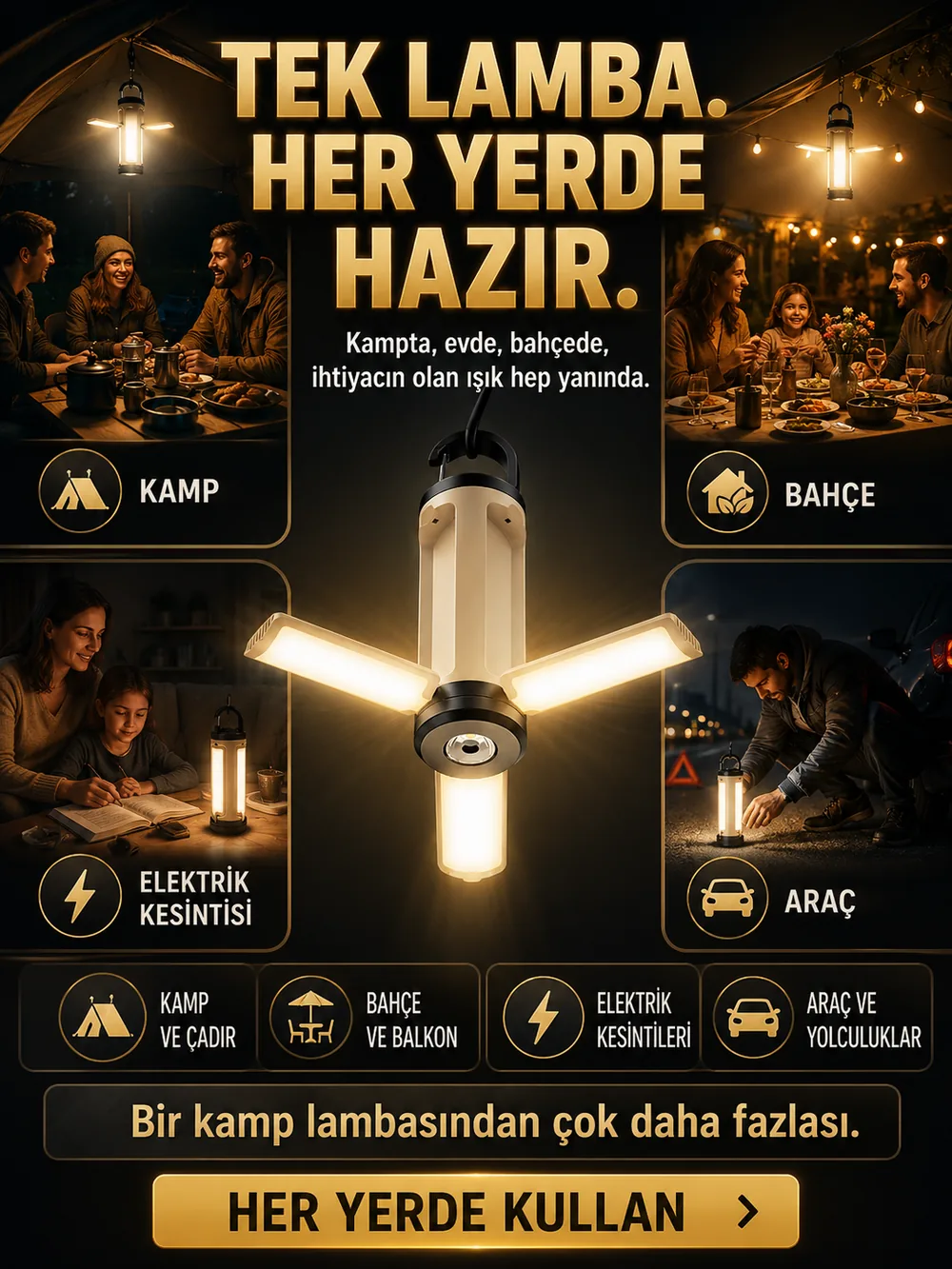 Kamp, bahçe, araç ve elektrik kesintisinde kullanım