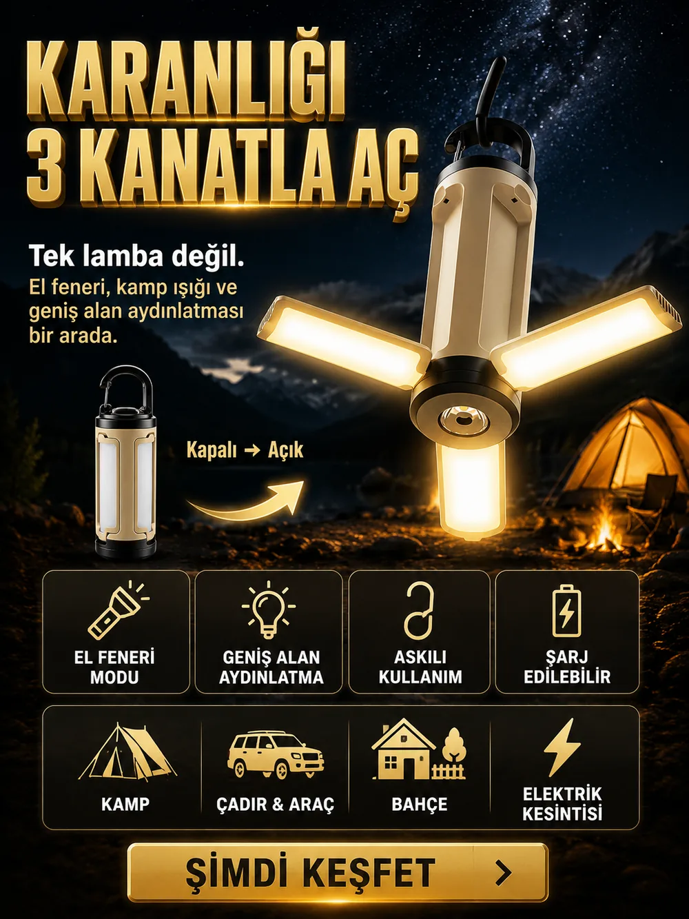 OLINMAN açılır 3 kanatlı kamp lambası