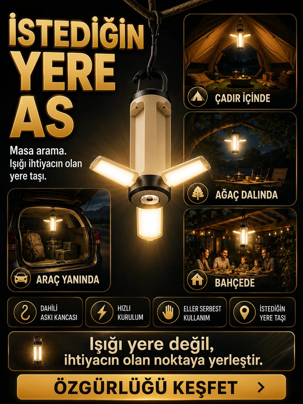 Çadır, ağaç dalı ve araç yanında askılı kullanım
